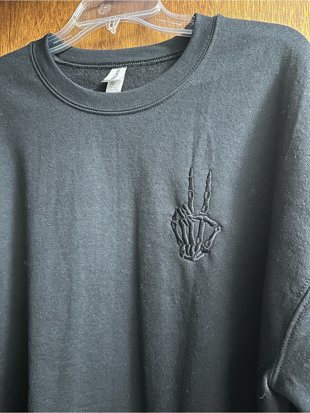 Black Crewneck Sweatshirt with Skeleton Peace Hand Embroidery